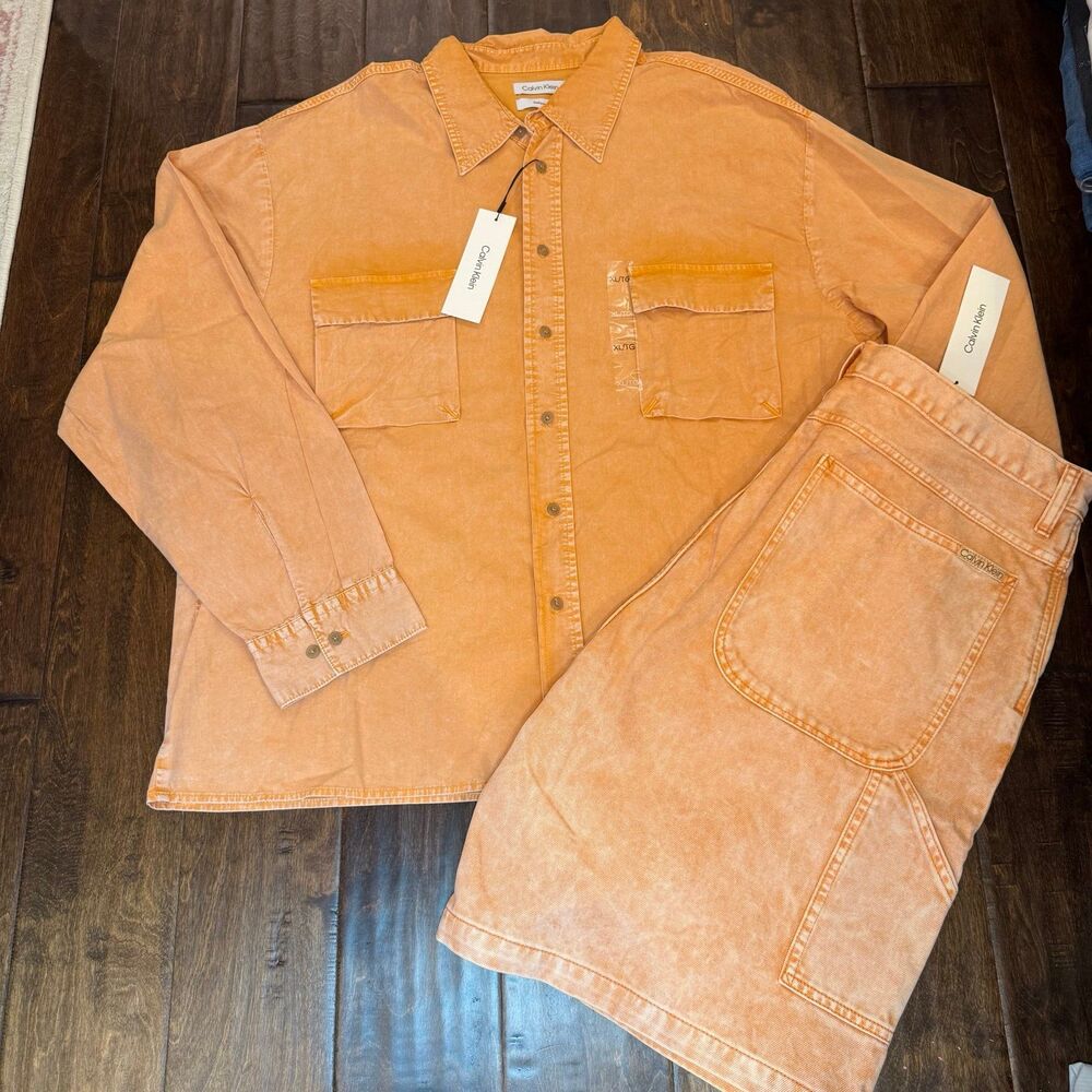 Calvin Klein Acid Wash Denim Utility Carpenter Jorts Matching Set Mens XL NWT